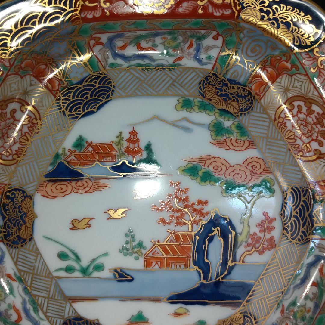 未使用品 有田焼 幸楽窯 錦色絵山水 銘々皿 中皿 六角皿 14㎝ 古伊万里文