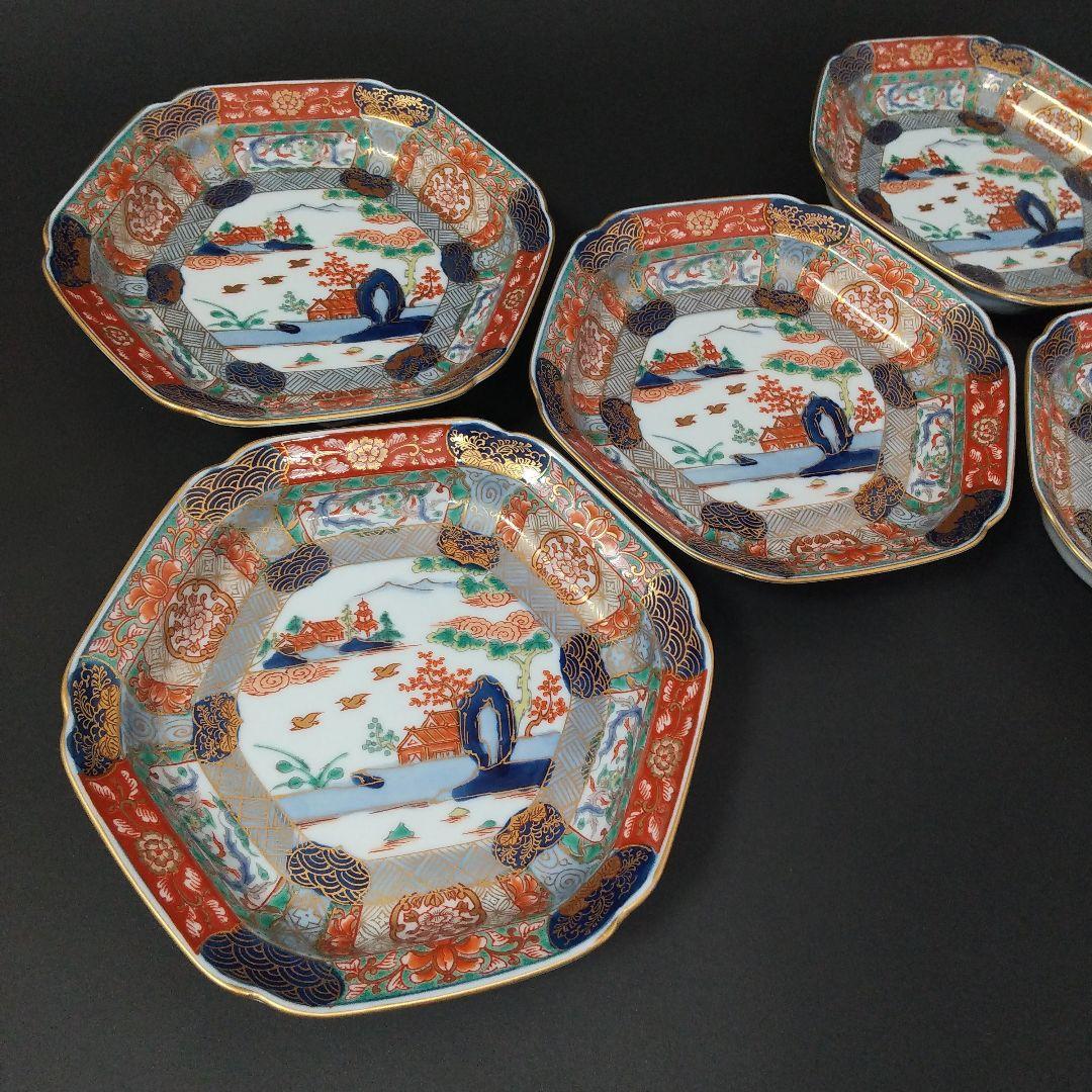 未使用品 有田焼 幸楽窯 錦色絵山水 銘々皿 中皿 六角皿 14㎝ 古伊万里文