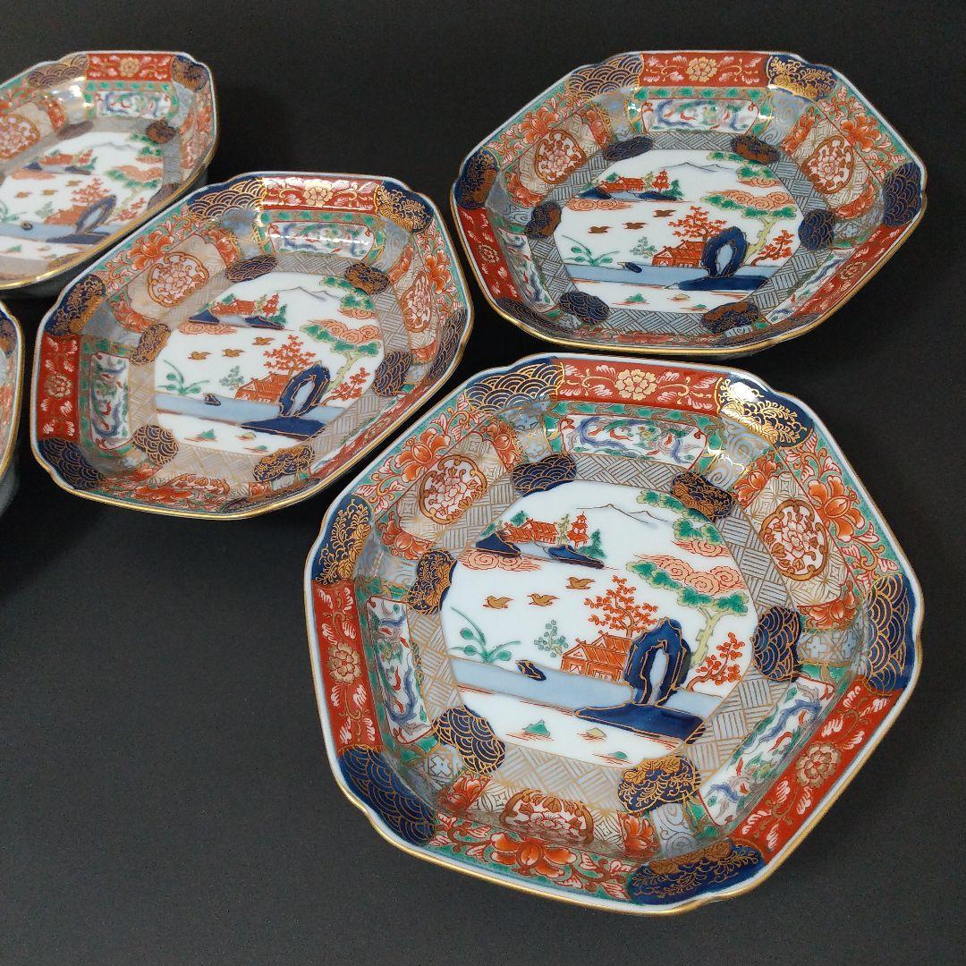 未使用品 有田焼 幸楽窯 錦色絵山水 銘々皿 中皿 六角皿 14㎝ 古伊万里文