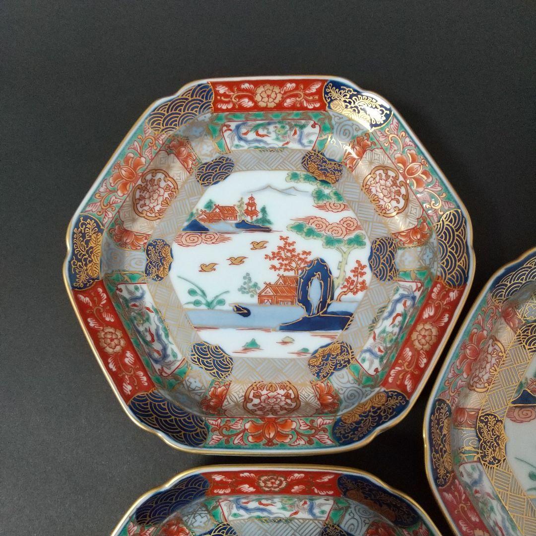 未使用品 有田焼 幸楽窯 錦色絵山水 銘々皿 中皿 六角皿 14㎝ 古伊万里文
