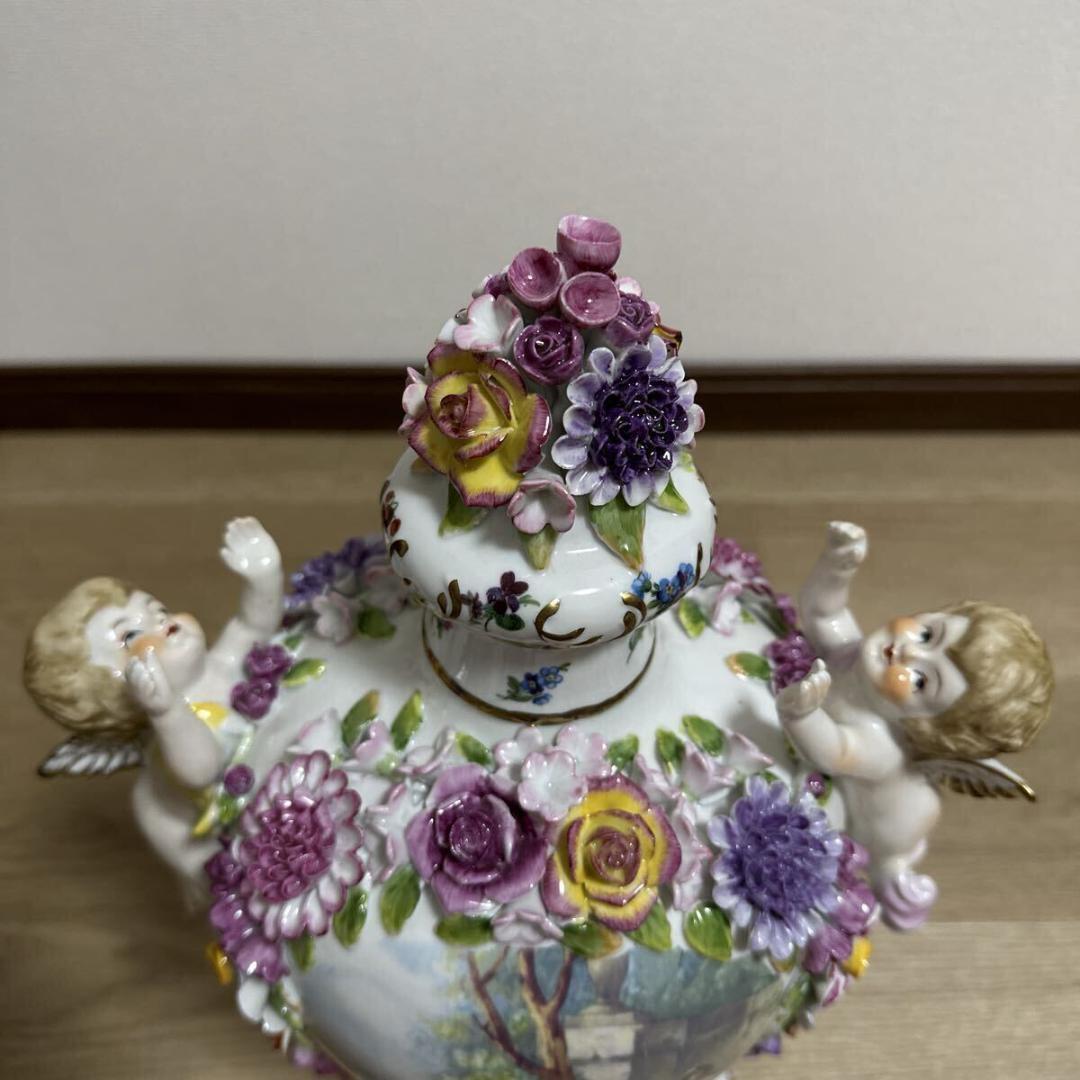 マイセン 色絵金彩 細密細工 手描き画天使 花蓋付飾り壷 花瓶 高さ43cm