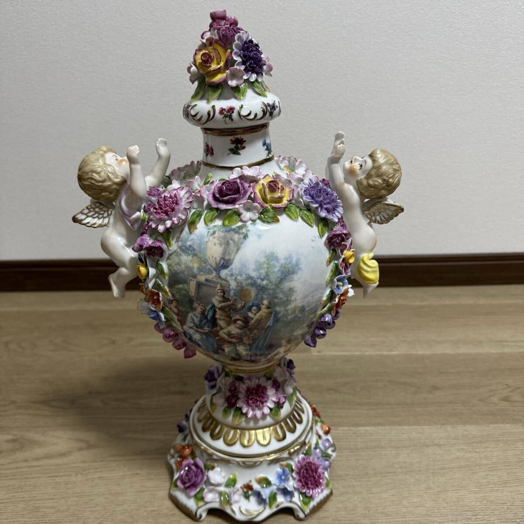 マイセン 色絵金彩 細密細工 手描き画天使 花蓋付飾り壷 花瓶 高さ43cm