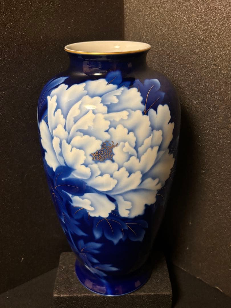 Yuki　深川製磁花瓶　瑠璃牡丹ルリ金彩　特大飾り壺１４号花生　台付