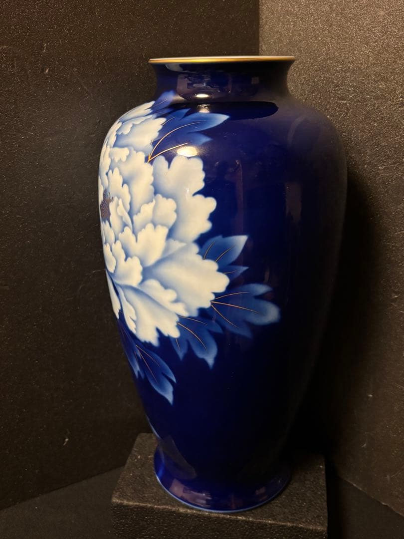 Yuki　深川製磁花瓶　瑠璃牡丹ルリ金彩　特大飾り壺１４号花生　台付