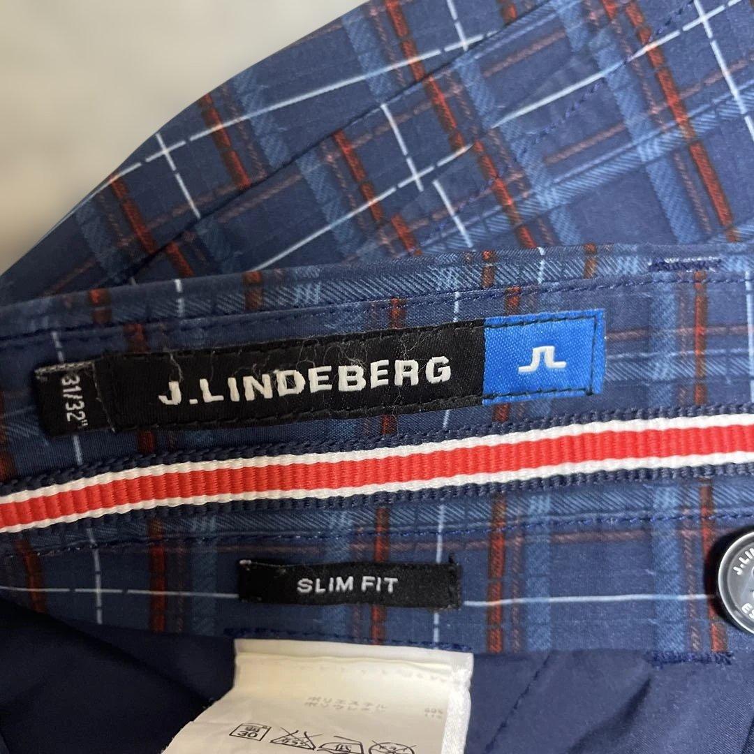 美品 J.LINDEBERG ネイビーチェック柄 スリムフィット ゴルフパンツ