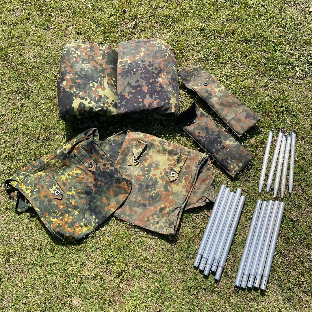 ドイツ軍　軍幕⑤　ハーフシェルター２枚　迷彩柄　パップテント　ポール・ペグセット