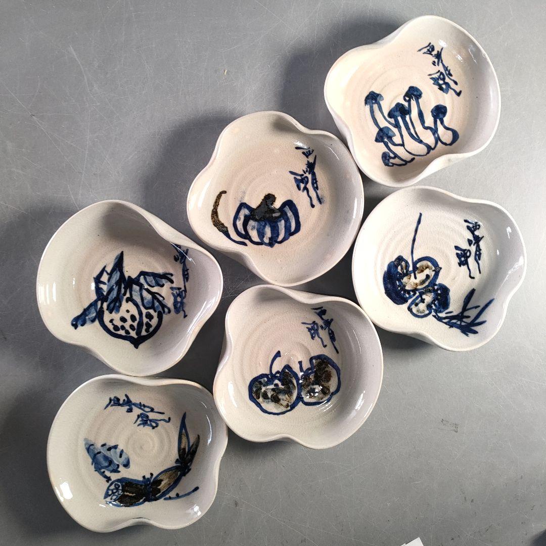 A1364-6/赤膚焼/尾西楽斎造/染付野菜果実文絵替銘々皿6客/飾皿/懐石道具