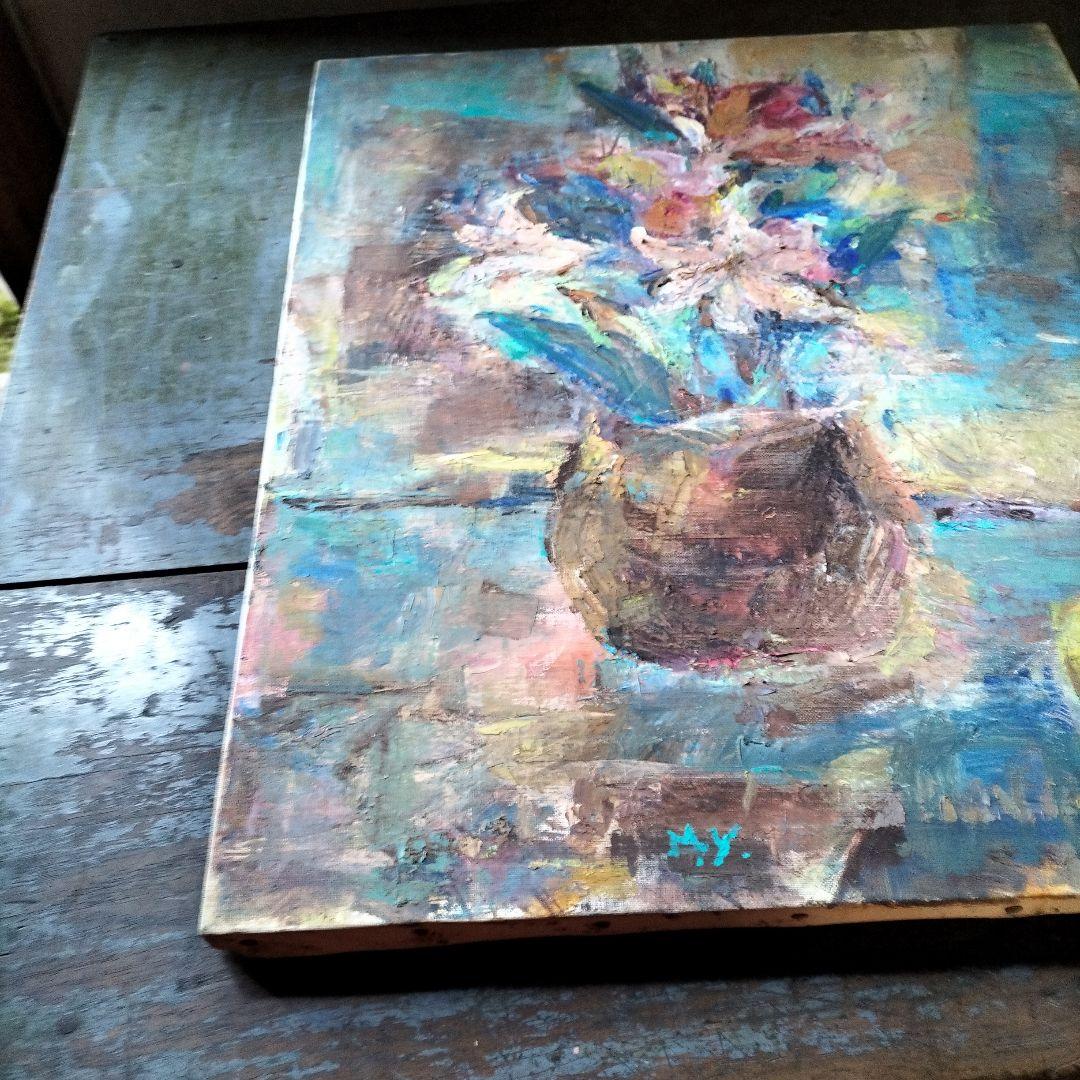 油絵　花とレモン