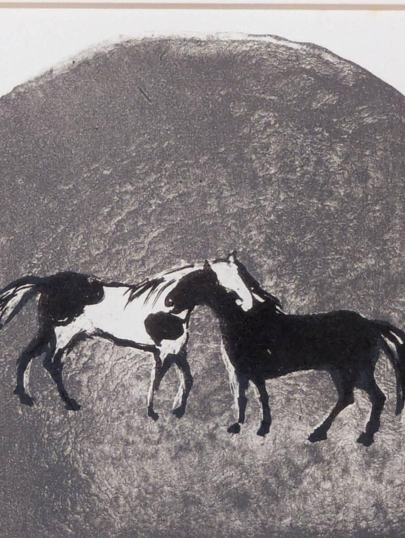 【真作】版画　リトグラフ　馬の戯れ　モノクロ版画　アート作品　Z34