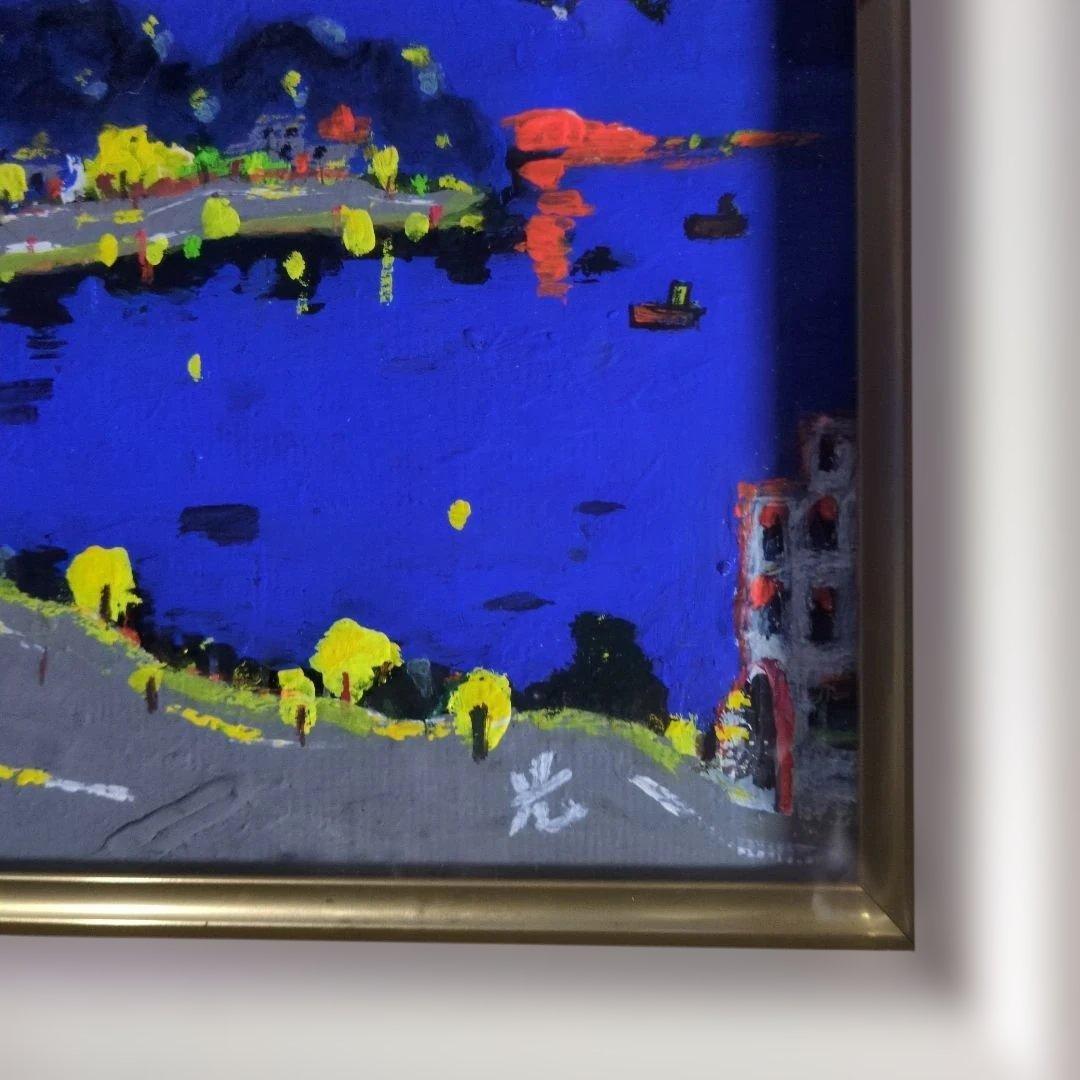 夜景 油彩画 小版　サインあり　　　　　　 海岸通り