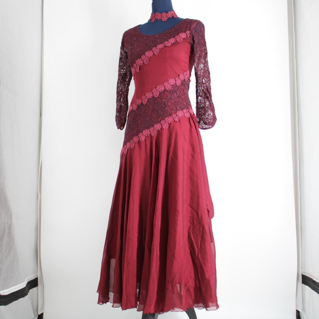 【美品 社交ダンス衣装】ワインレッド ワンピース ドレス 赤 レース 花柄
