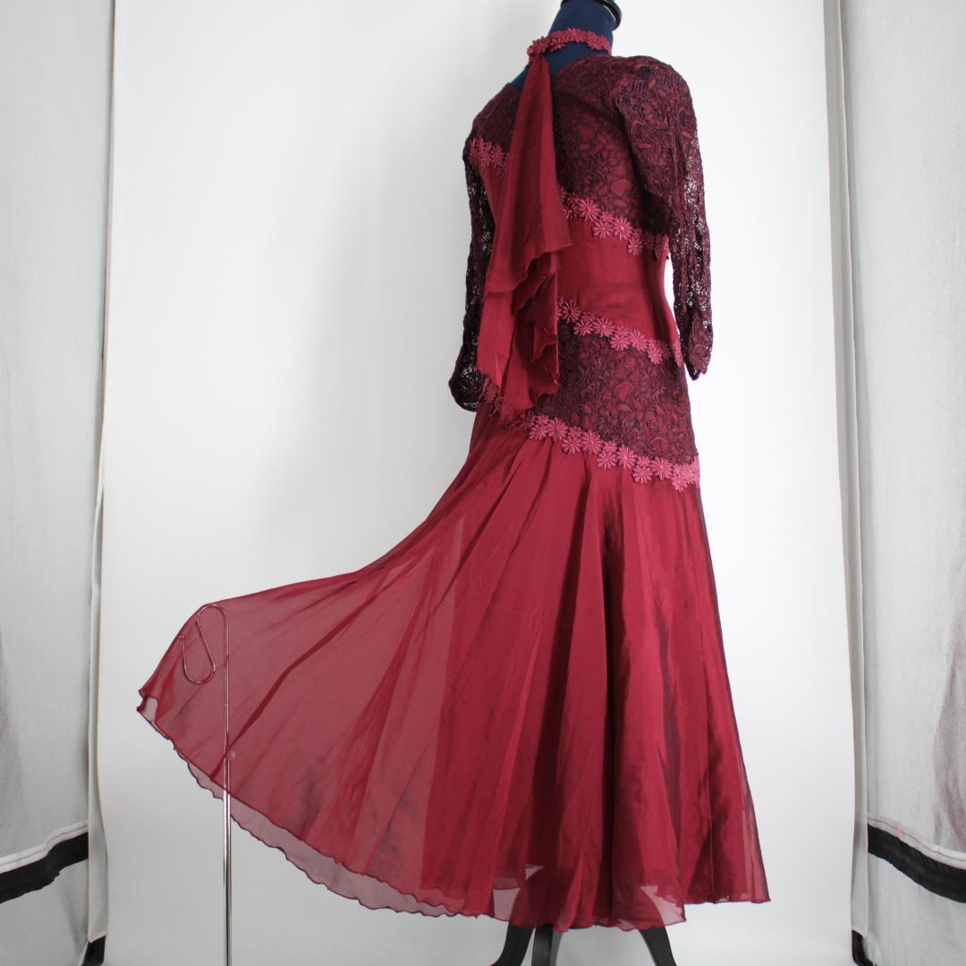 【美品 社交ダンス衣装】ワインレッド ワンピース ドレス 赤 レース 花柄