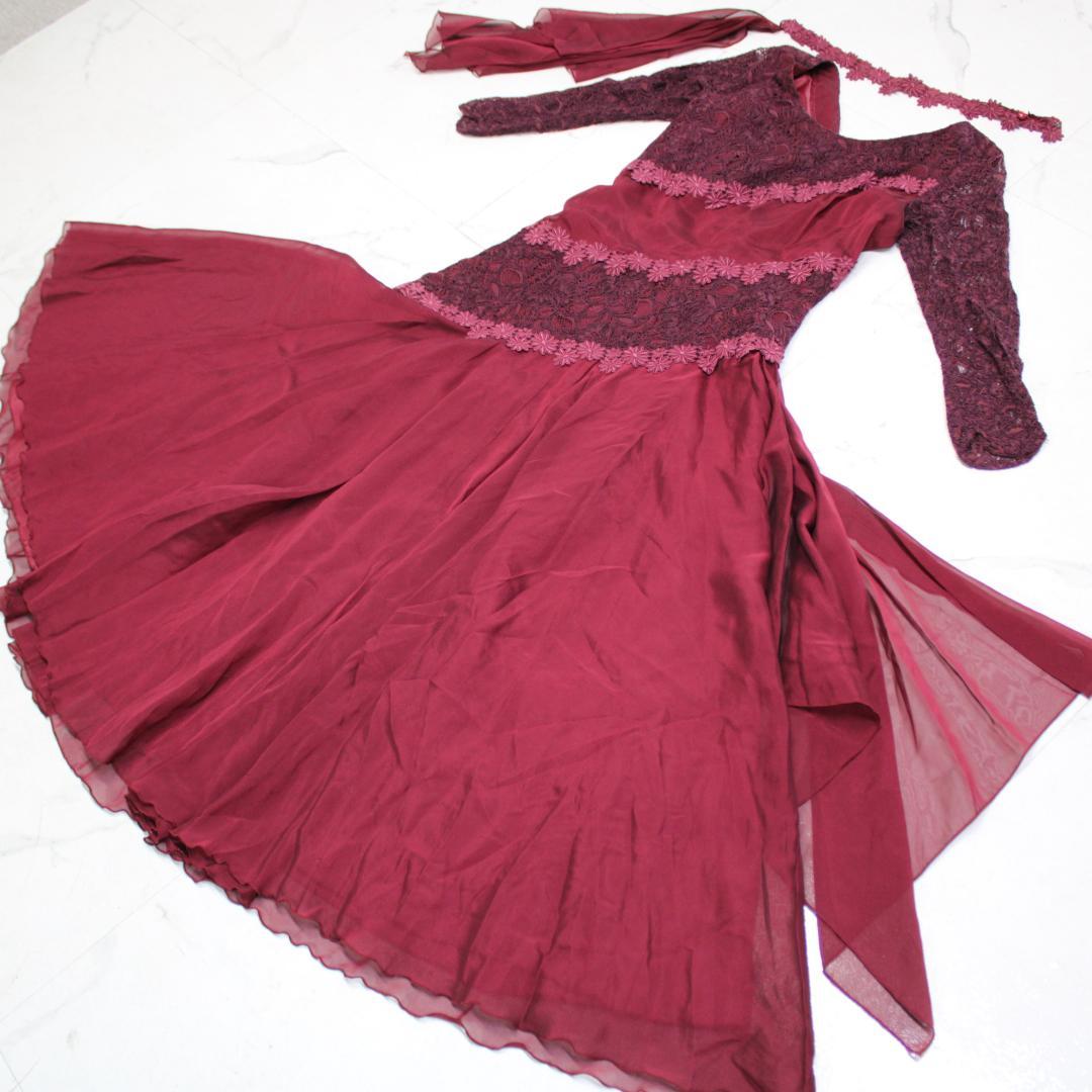 【美品 社交ダンス衣装】ワインレッド ワンピース ドレス 赤 レース 花柄