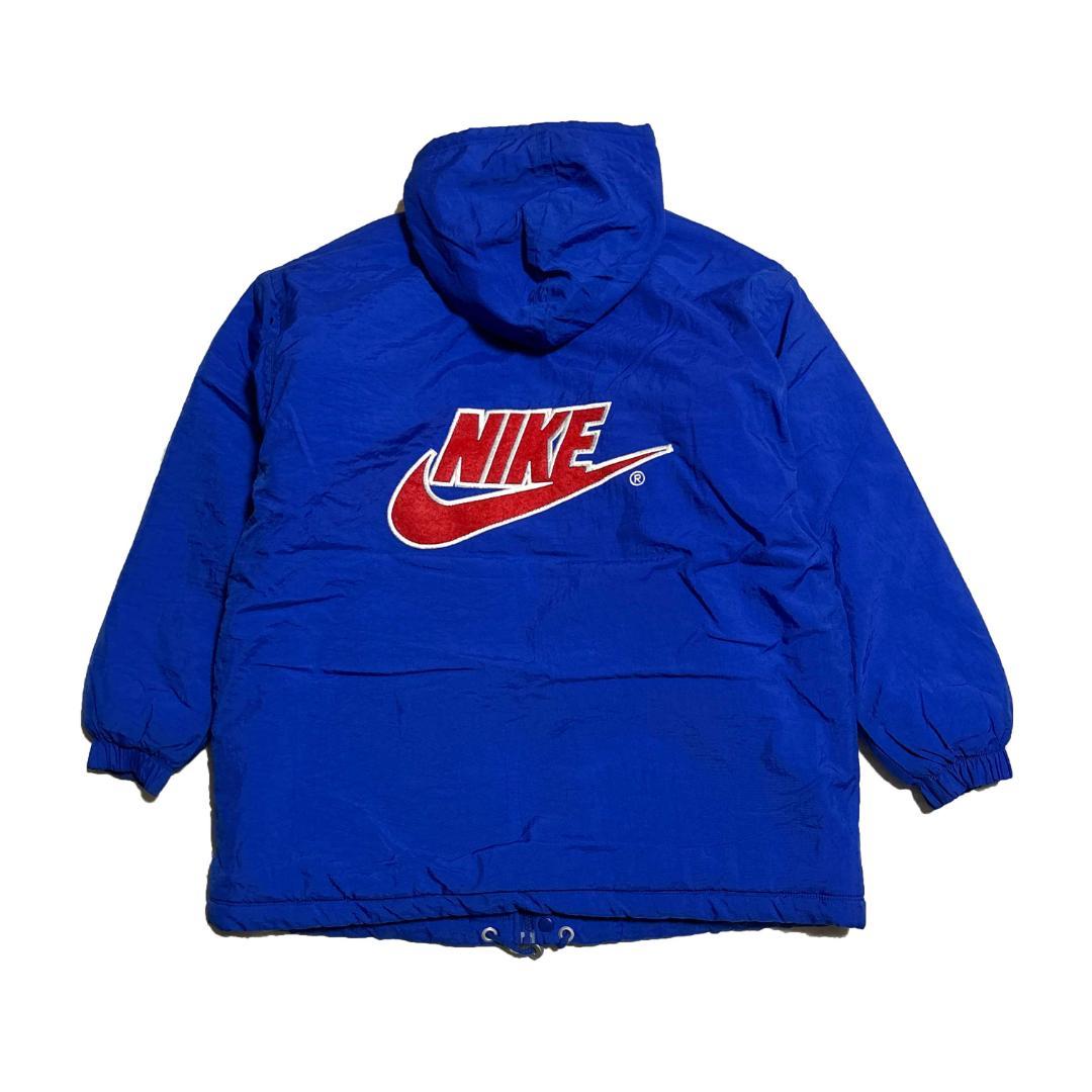 90s NIKE ベンチコート ロング 黒 青 スオッシュ L 中綿 古着