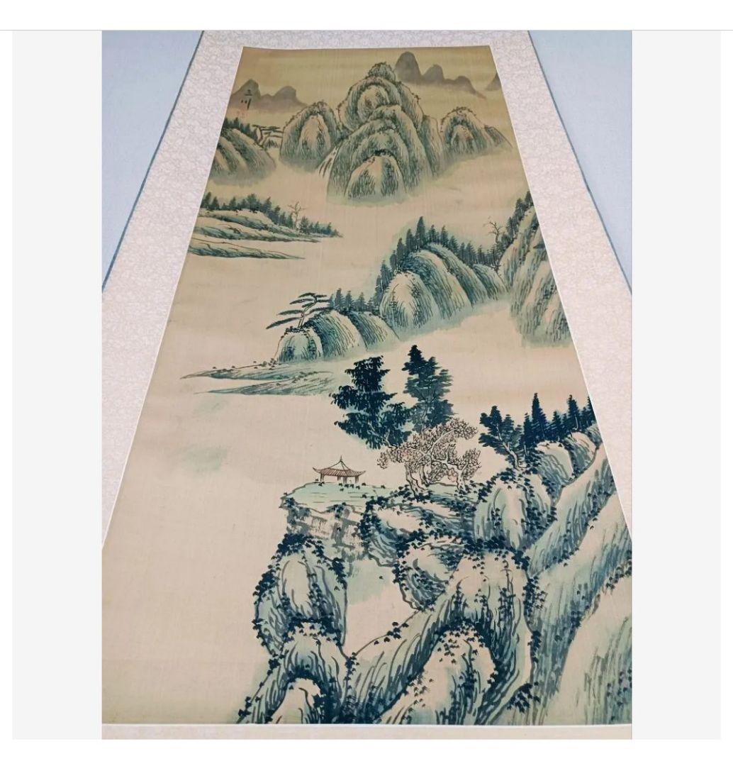 綺麗な薄紫色 青春賢生山水画 龍脈 掛け軸 中国美術 縁起物 和室 インテリア