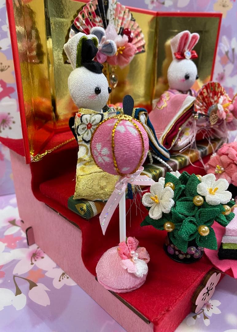 ちりめん細工　つまみ細工　うさぎ雛壇飾り　No.698 ハンドメイド