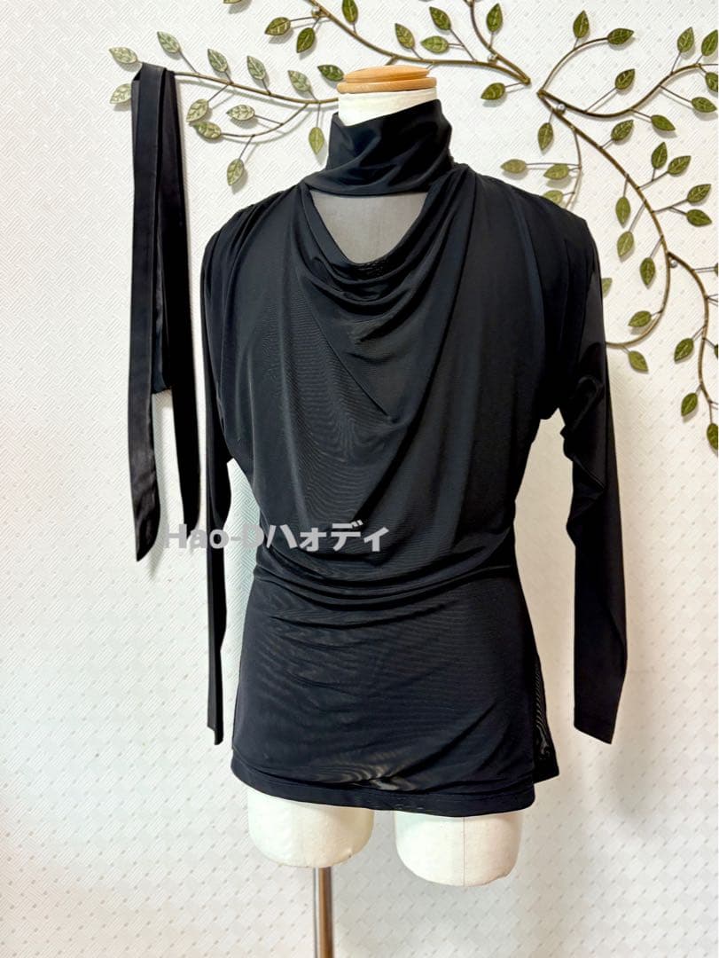 新品★社交ダンス★ラテン★メンズ★シャツ★メッシュドレープ★タートルネック★L