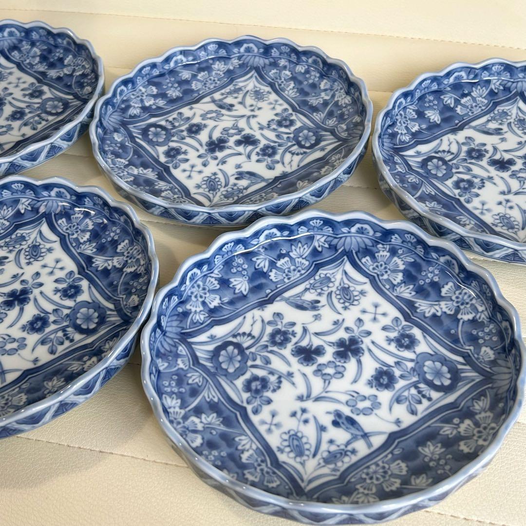 三洋陶器　龍峰窯　染付更紗　中皿揃　5枚セット　輪花皿　花鳥　和皿　取皿　銘々皿