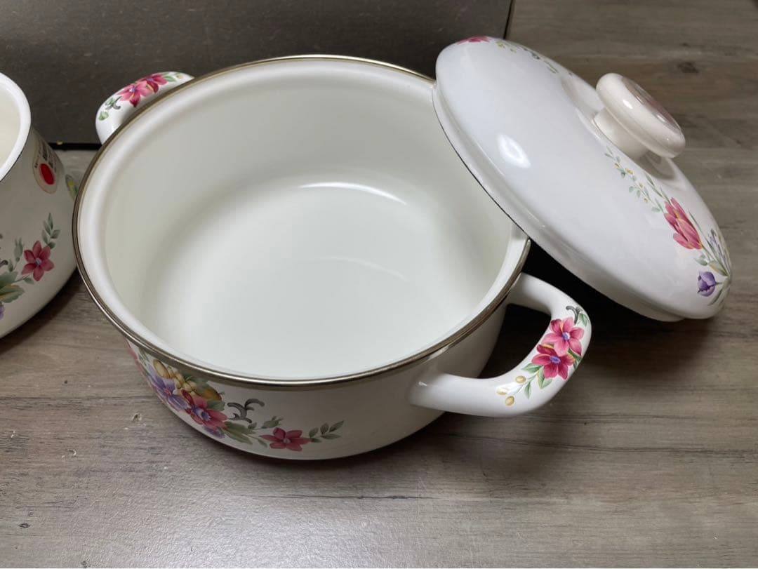 花柄ホーロー鍋セット FL-500 両手鍋19cm＋ミルクパン15cm 未使用