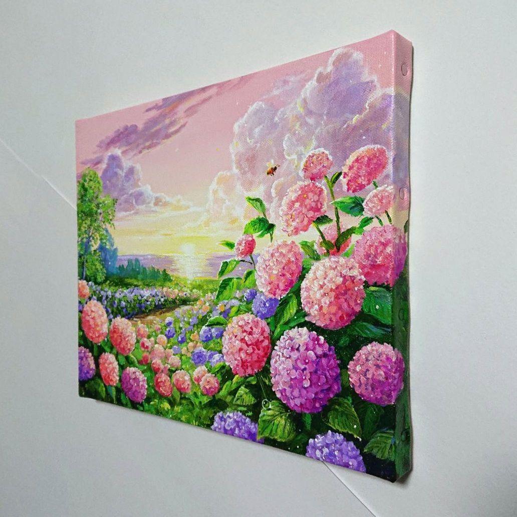 【夕映えの紫陽花】アクリル画 F3 風景画 絵画