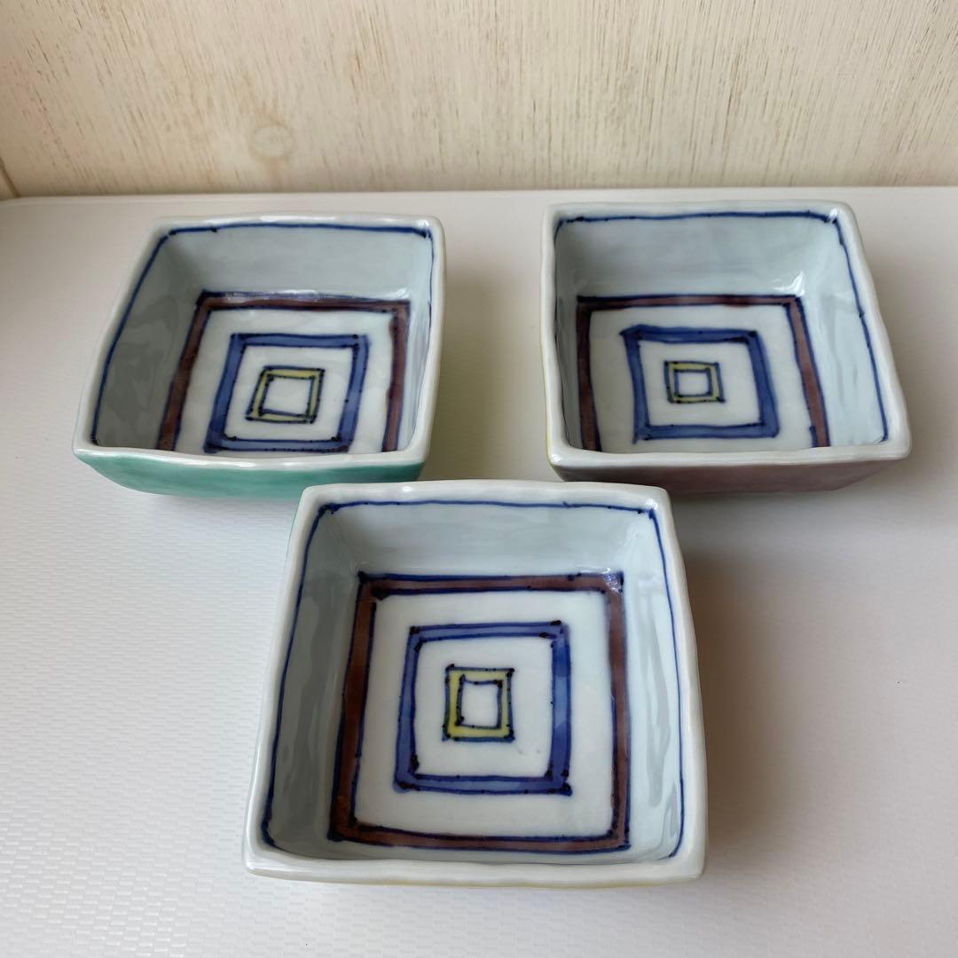弦巻玲子　角小鉢 大 色絵筋駒文　3個