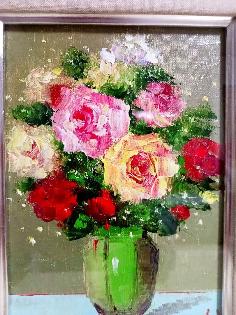 豪華新品未使用！肉筆油絵　薔薇　　　シルバー額縁付き31cm×38cm×6cm