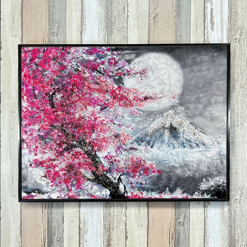輸入雑貨　クリスタルアート　『月下の富士山と桜』　水晶石　フレーム付き