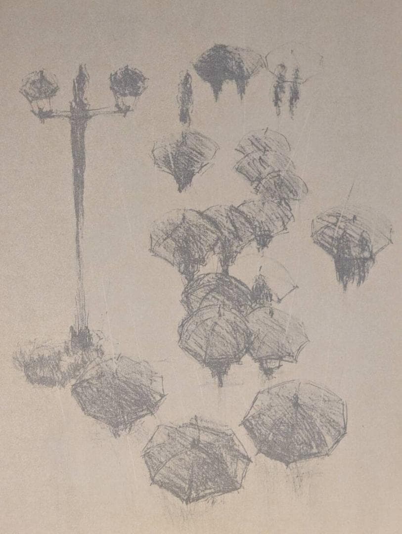【真作】版画　リトグラフ　Rain　傘と街灯の情景　現代版画作品　Z94