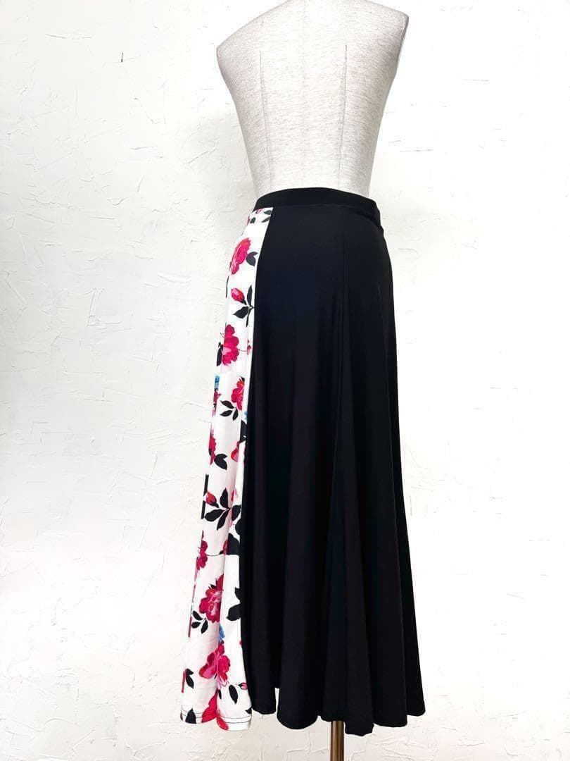 【アクセント】新品　切替えピンク花柄ロングスカート　黒　b903A