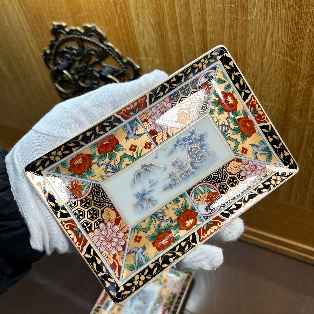 有田焼　昇龍窯　金彩伊万里花鳥　長角皿揃