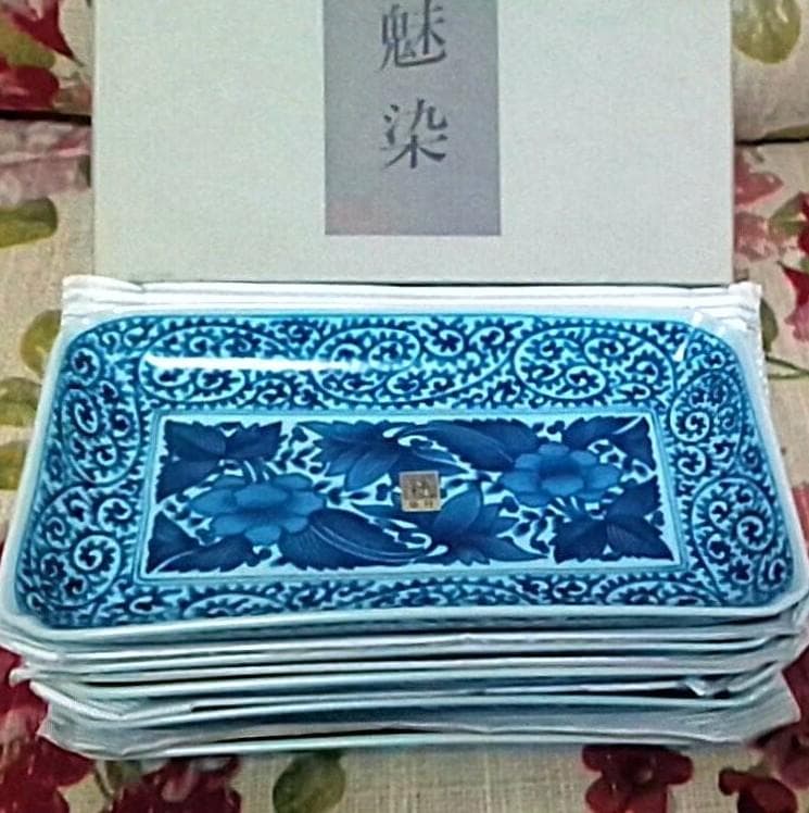 新品箱入5客 龍峰窯 牡丹柄 染付古伊万里焼物皿 長皿