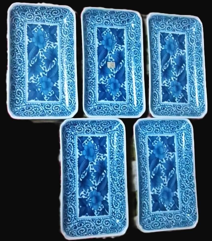 新品箱入5客 龍峰窯 牡丹柄 染付古伊万里焼物皿 長皿