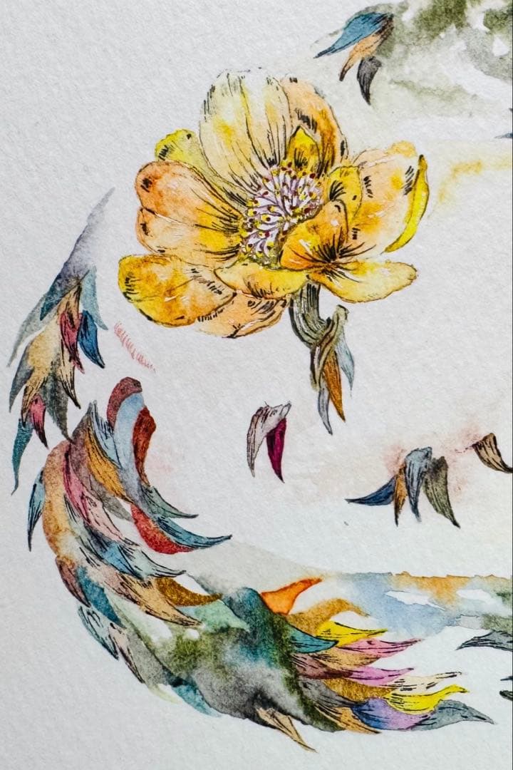 猫 水彩画 花