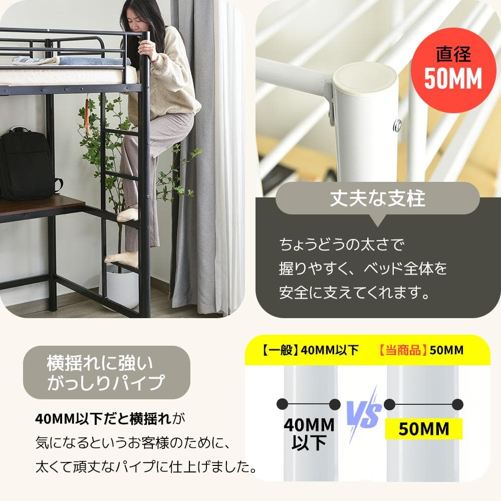 【ブラック】システムベット ロフトベッド シングル コンセント・デスク・ラック付