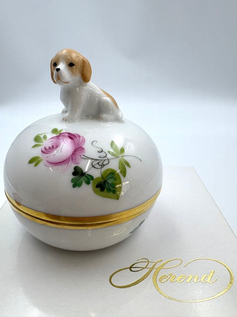 未使用保管品　ヘレンド ウィーンの薔薇　犬　ミニ　小物入れ ボンボニエール　箱付