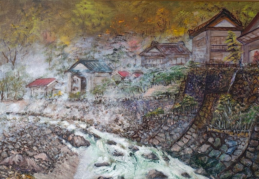 F30号 大型 油絵【旅情 温泉街 昭和レトロ】ヴィンテージ木製額縁付 店舗什器