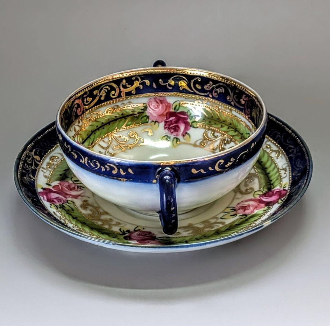 オールドノリタケ メープルリーフ印コバルト金盛上 薔薇文様 カップ＆ソーサー