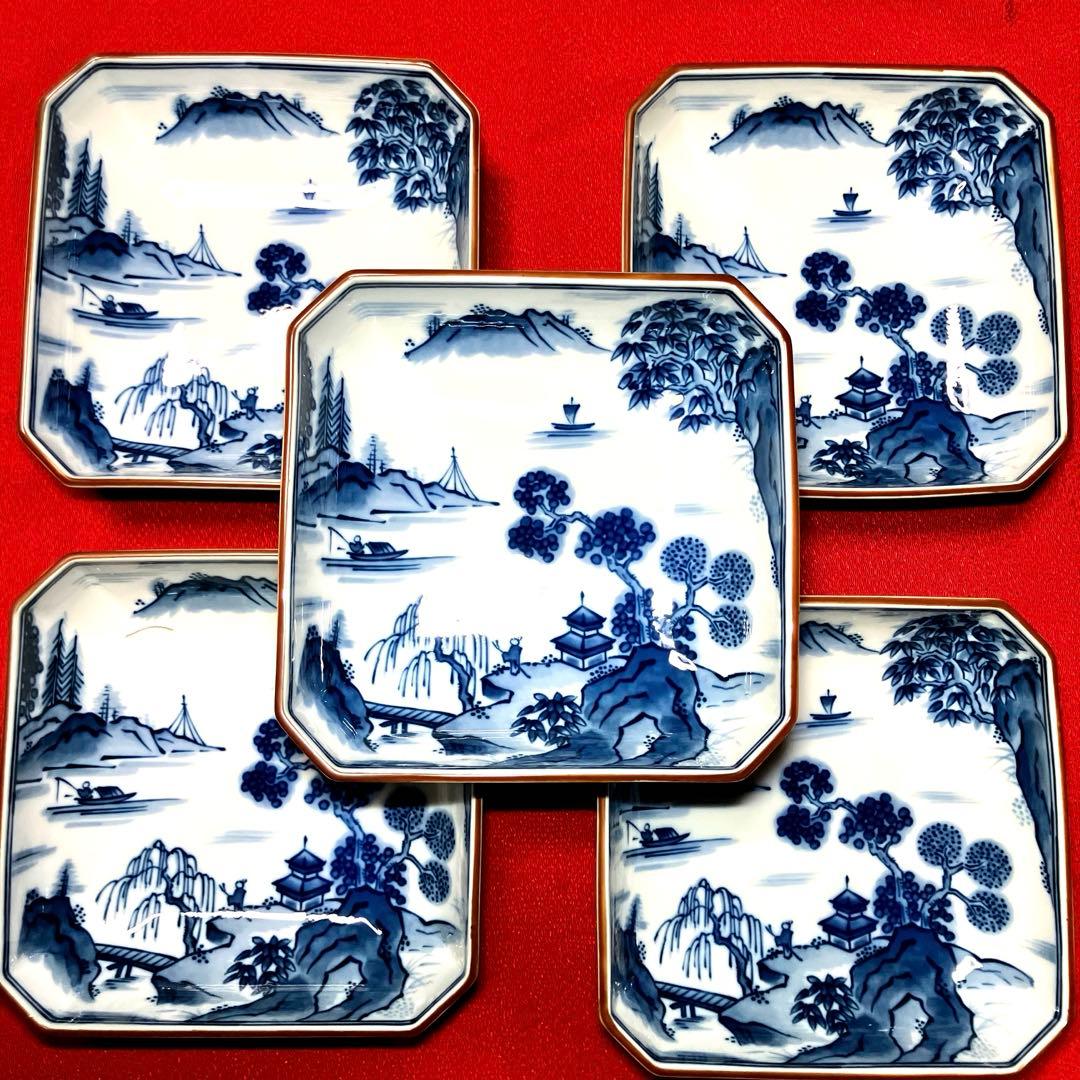 前畑陶器　庫山窯　染付山水画角皿　隅切り皿　銘々皿揃