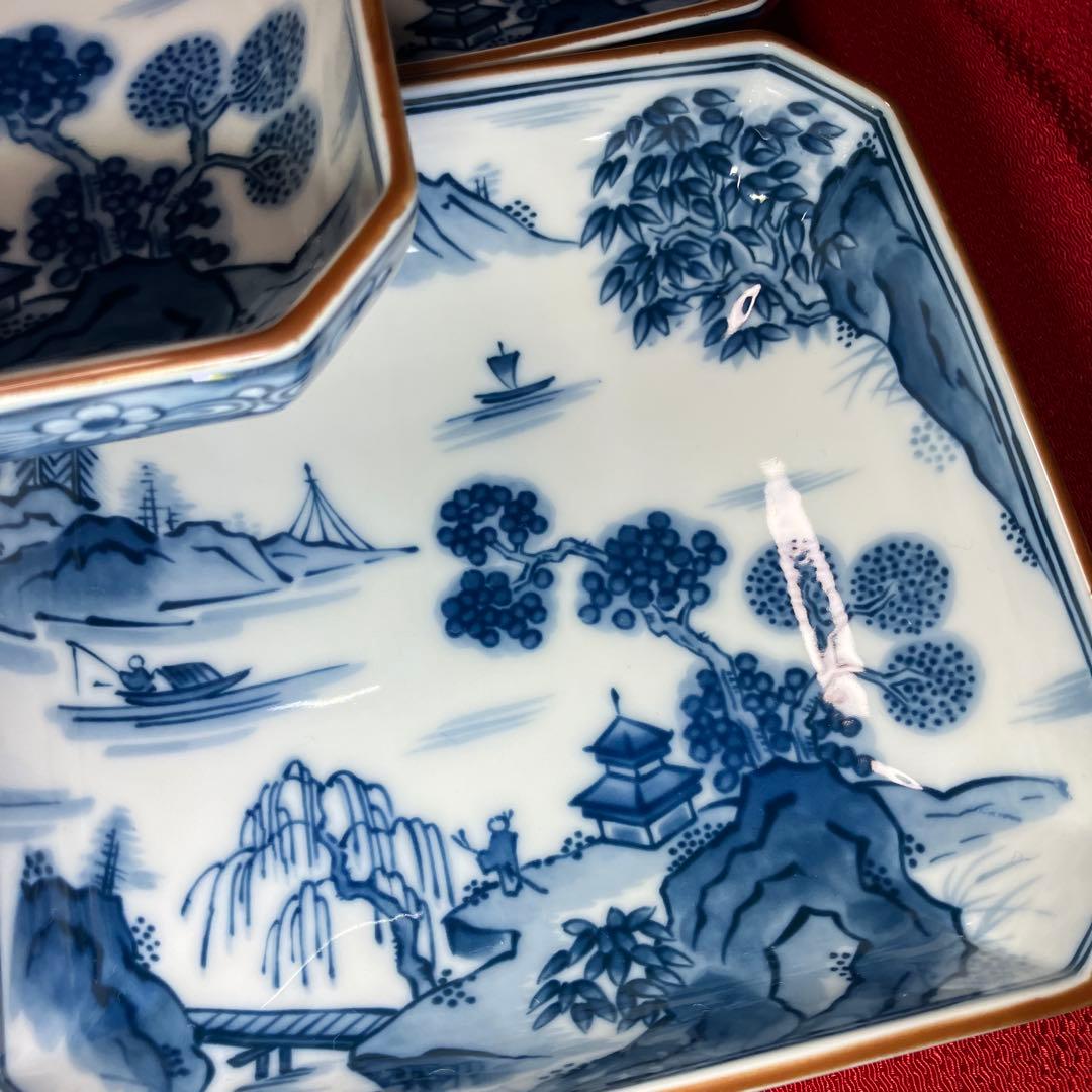 前畑陶器　庫山窯　染付山水画角皿　隅切り皿　銘々皿揃