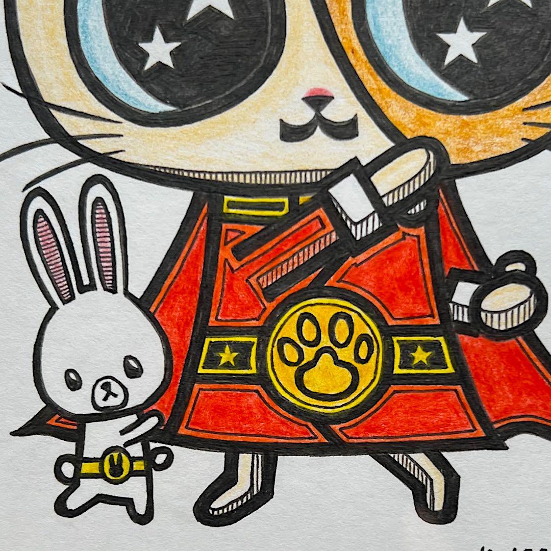 動物 原画 絵 手描き 癒し 猫 アート 一点物 額縁付 『レッド』
