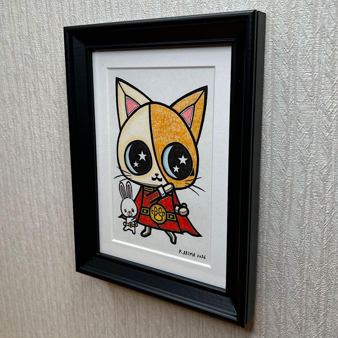 動物 原画 絵 手描き 癒し 猫 アート 一点物 額縁付 『レッド』