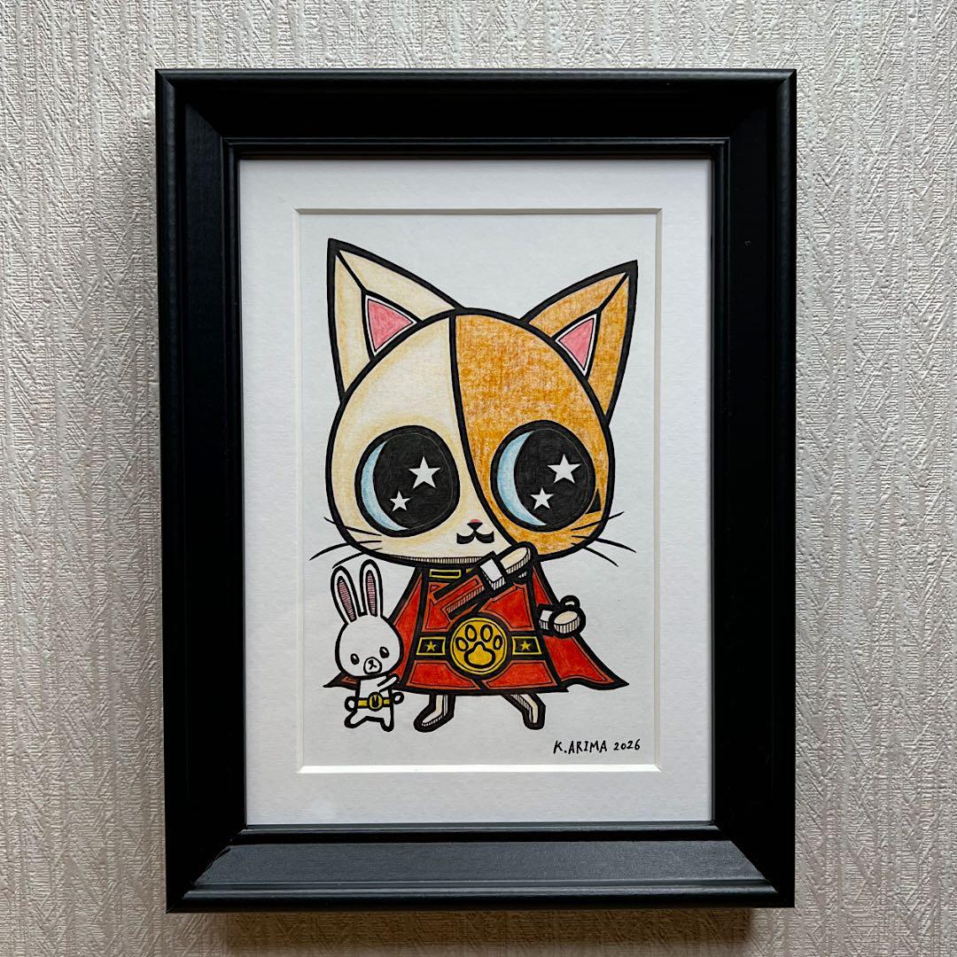 動物 原画 絵 手描き 癒し 猫 アート 一点物 額縁付 『レッド』