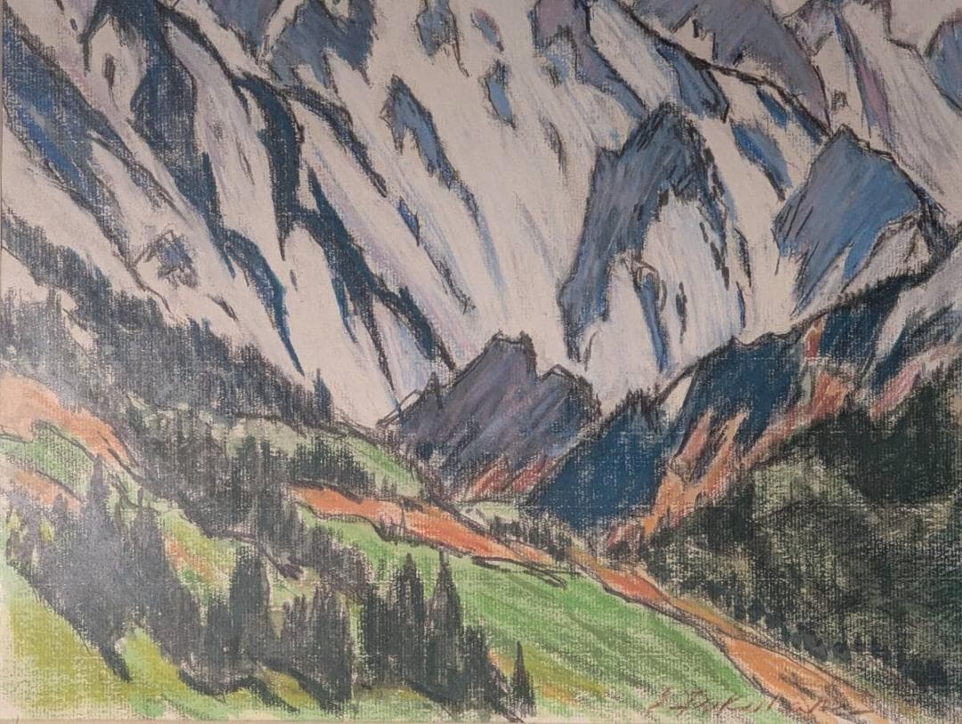 【真作】絵画　福原三郎　パステル画　初夏の白馬連峰　山岳風景画　Z99