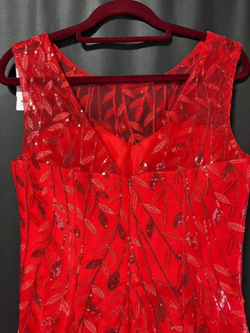 新品 赤ロングドレス スパンコール チュール