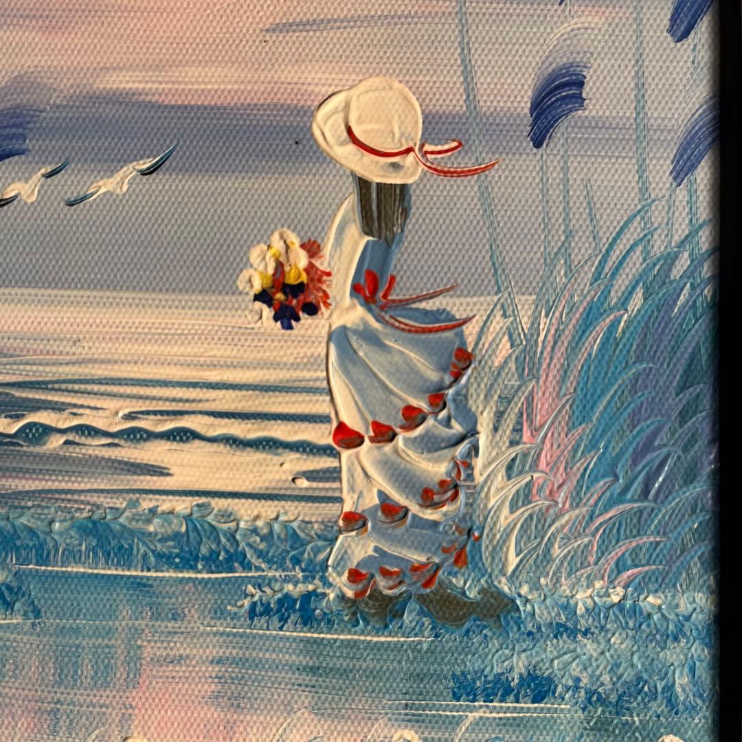 手書き油絵 海を眺める少女 額付 絵画 インテリア 油彩画