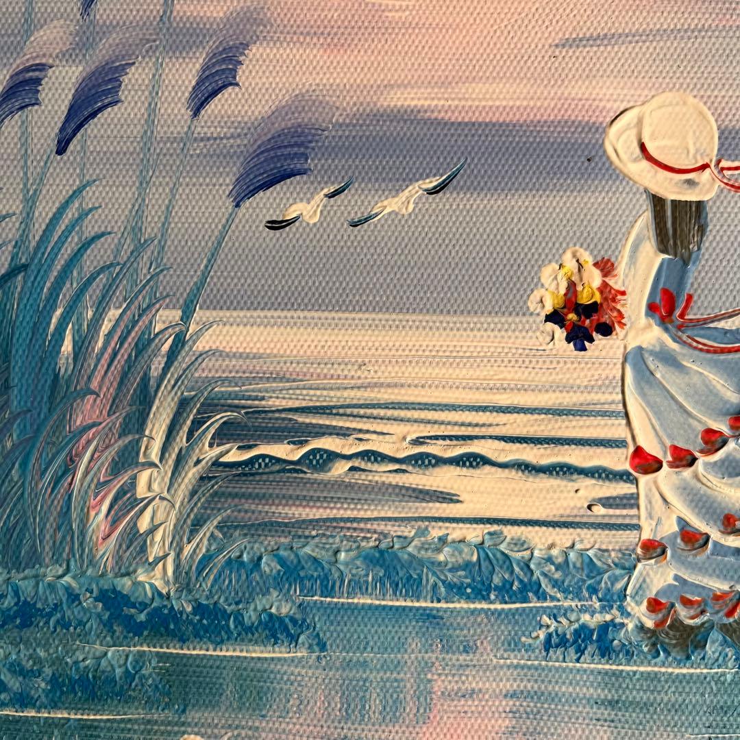 手書き油絵 海を眺める少女 額付 絵画 インテリア 油彩画