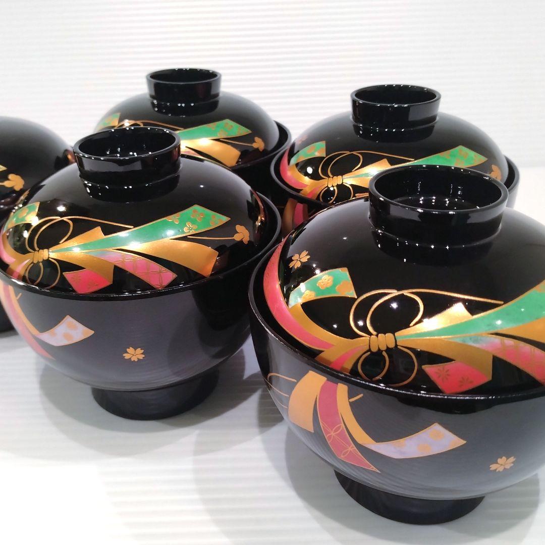 会津塗 金彩 結び 蓋付き 吸物椀 5客揃 金彩蒔絵 汁椀 御吸物椀 正月 漆器