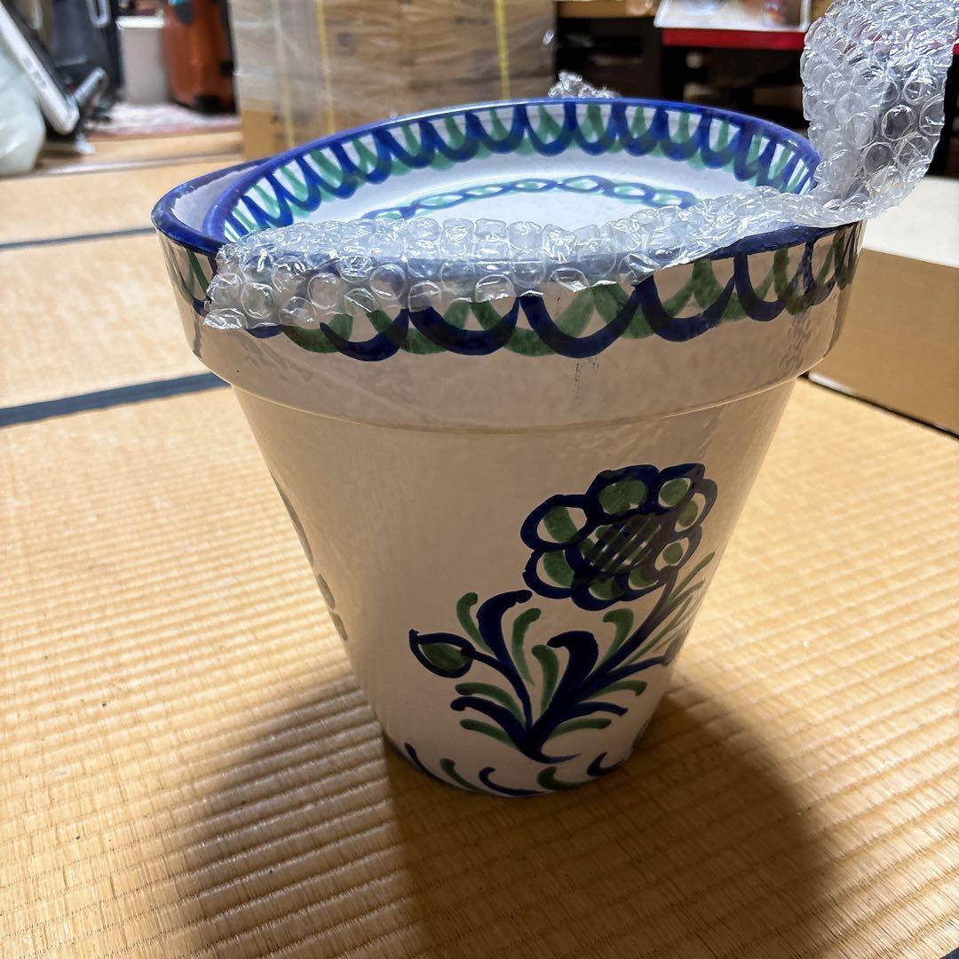 大きい プランター 鉢 陶器 花柄 スペイン 受け皿付 白 洋風 北欧 未使用