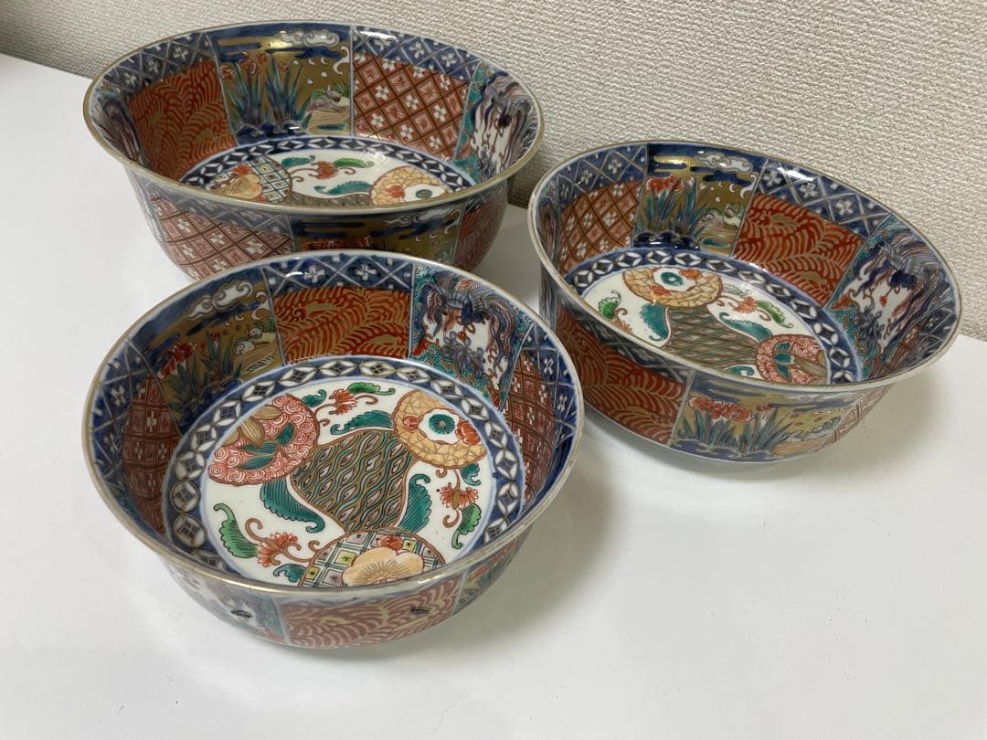 【現状品】古伊万里 有田焼 三ツ鉢 金彩 朱絵 アンティーク 時代物