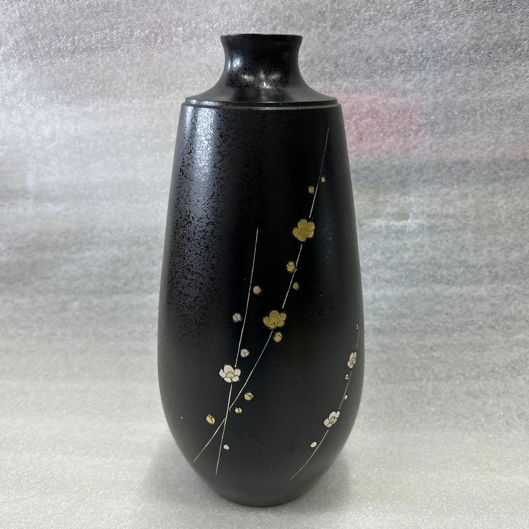 金峰作 鋳銅象嵌梅花図花瓶 薩州 黒銅 花入